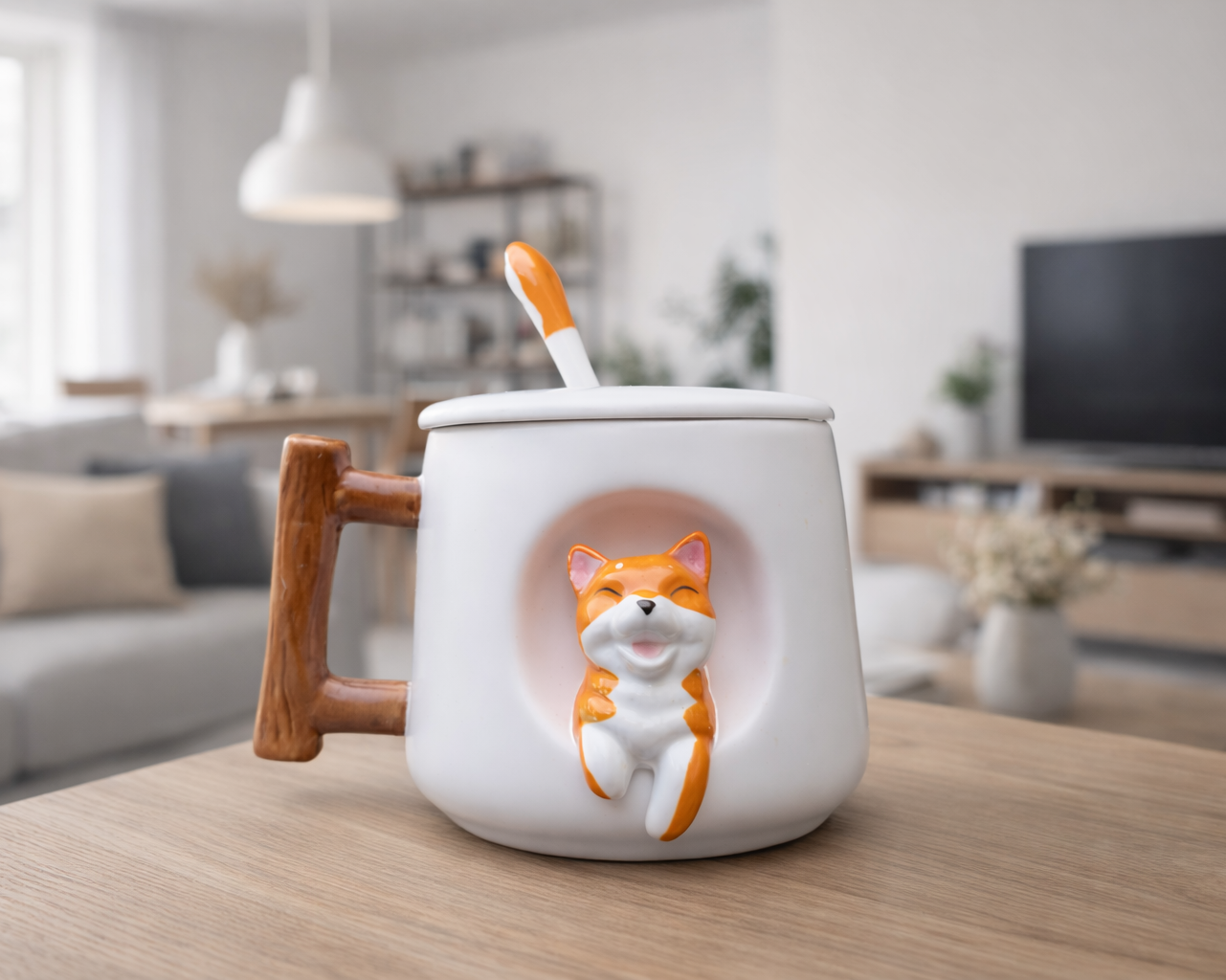 Taza Blanca de Hachiko en 3D con Tapa y Cuchara | Taza de Perros
