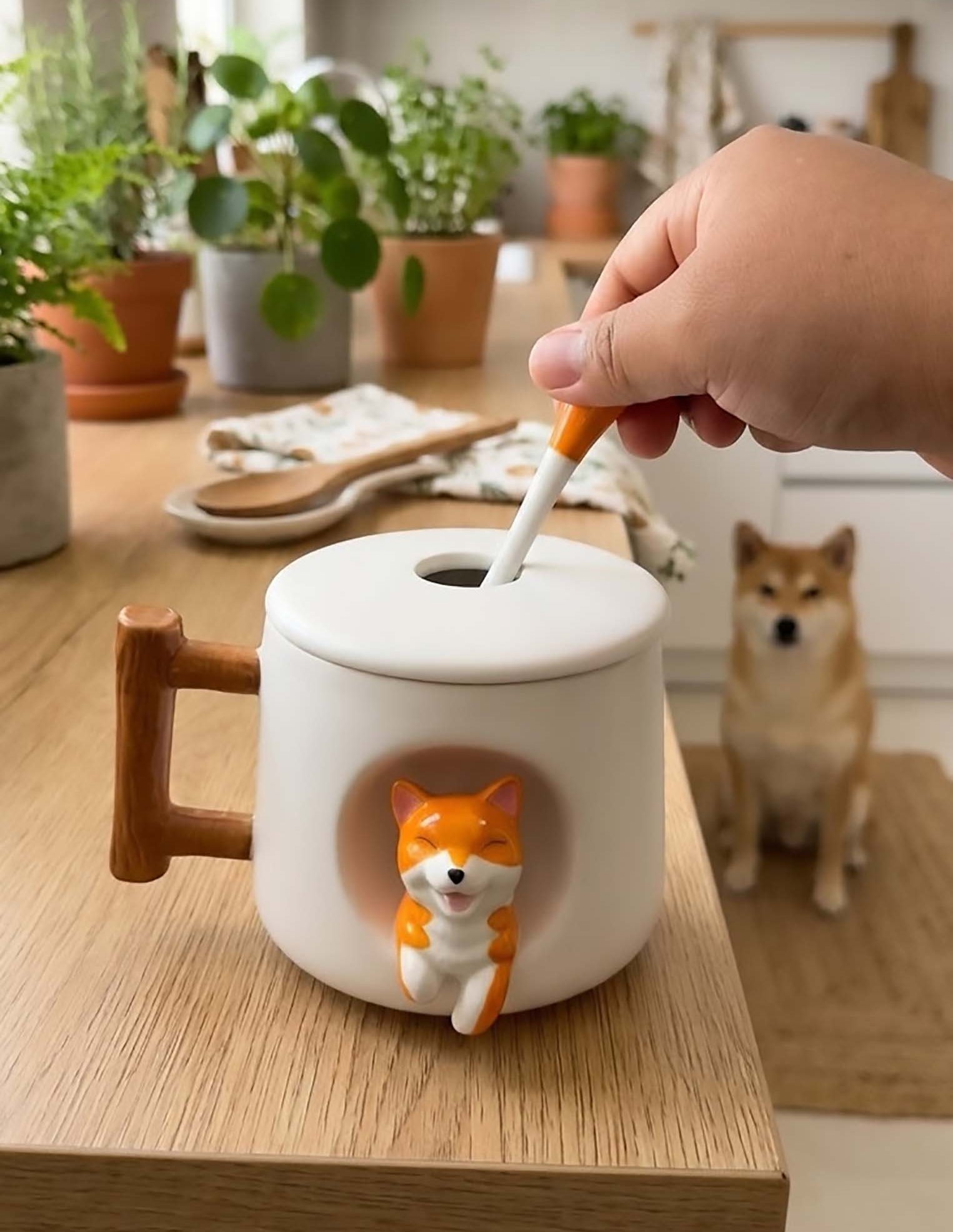 Taza Blanca de Hachiko en 3D con Tapa y Cuchara | Taza de Perros