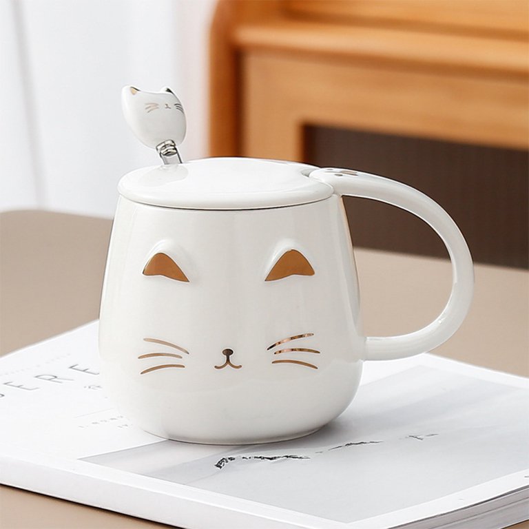 Taza Blanca de Tierno Gatito con Tapa y Cuchara - Taza de Gatos 