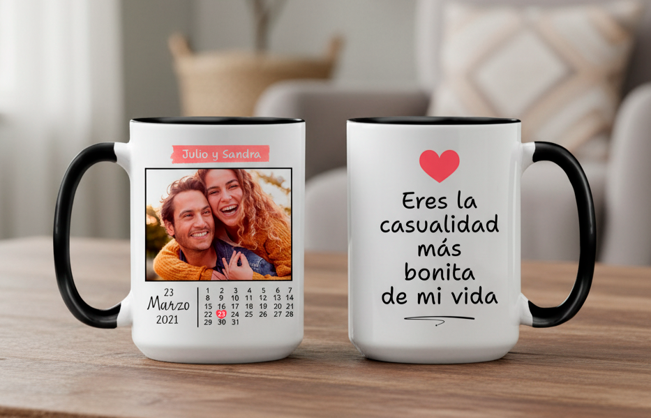 Taza Blanca y Negra 15 oz Fecha Especial con Foto Personalizada - Tazas San Valentín 