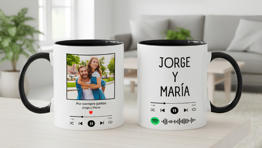 Taza Blanca y Negra de 11 oz Personalizada con Foto + QR de su Canción 🎶❤️ - Tazas San Valentín - Tazas para Parejas