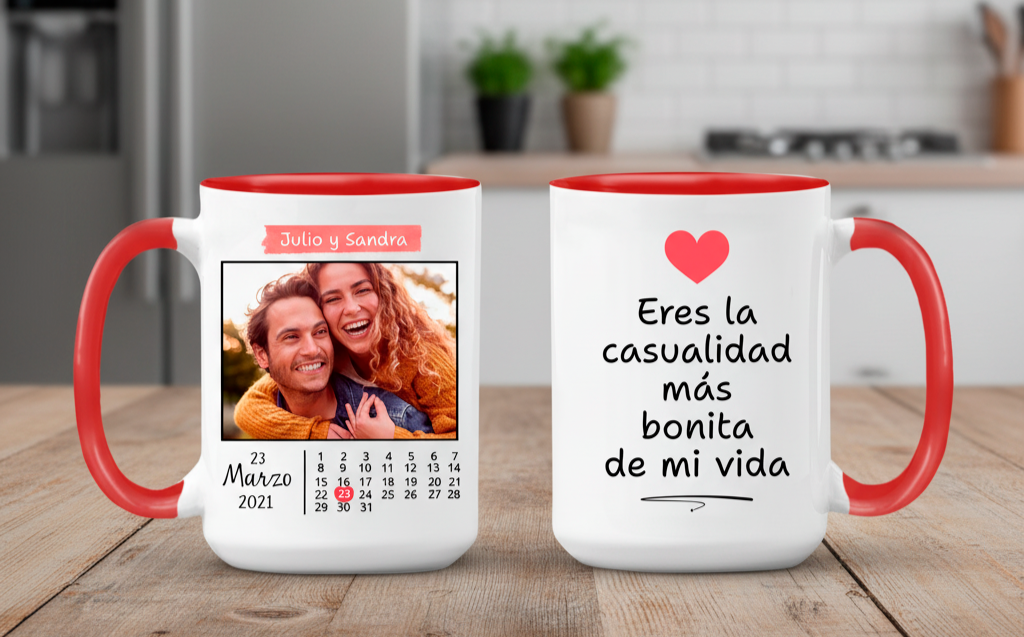 Taza Blanca y Roja 15oz Fecha Especial con Foto Personalizada - Tazas San Valentín 