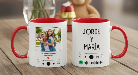 Taza Blanca y Roja de 11 oz Personalizada con Foto + QR de su Canción 🎶❤️ - Tazas San Valentín - Tazas para Parejas