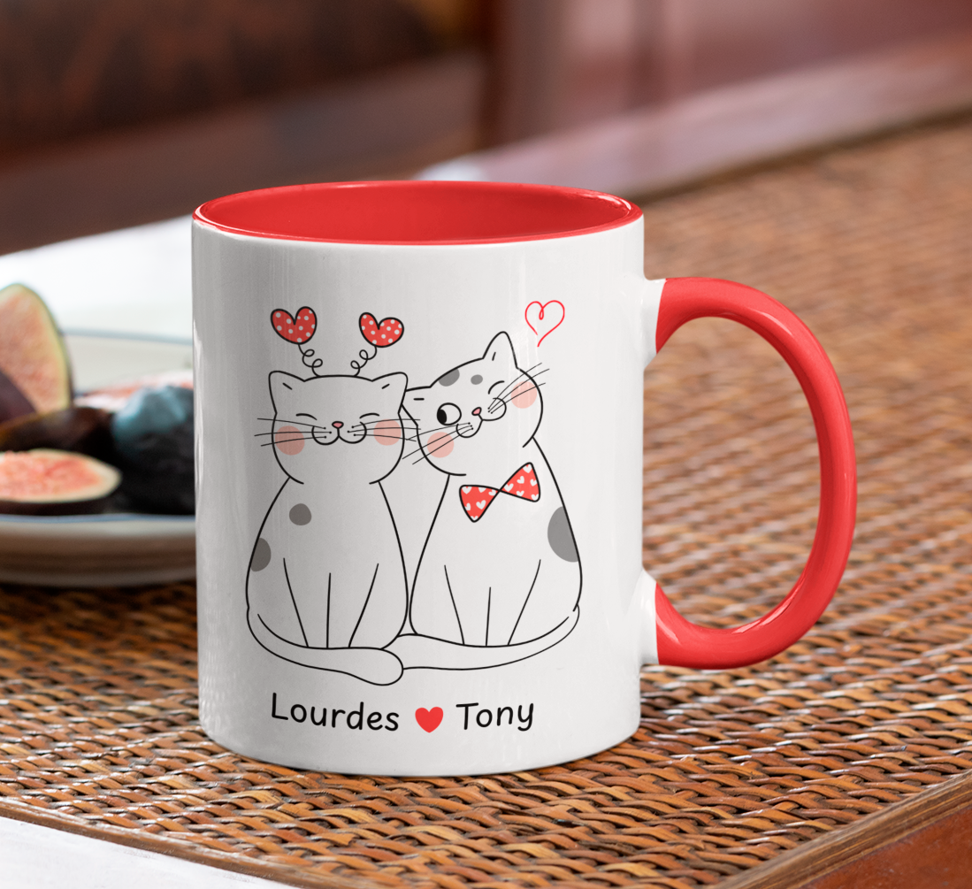 Taza Blanca y Roja de 11 oz de Gatos Pareja con Nombres Personalizados - Tazas San Valentín - Tazas para Parejas