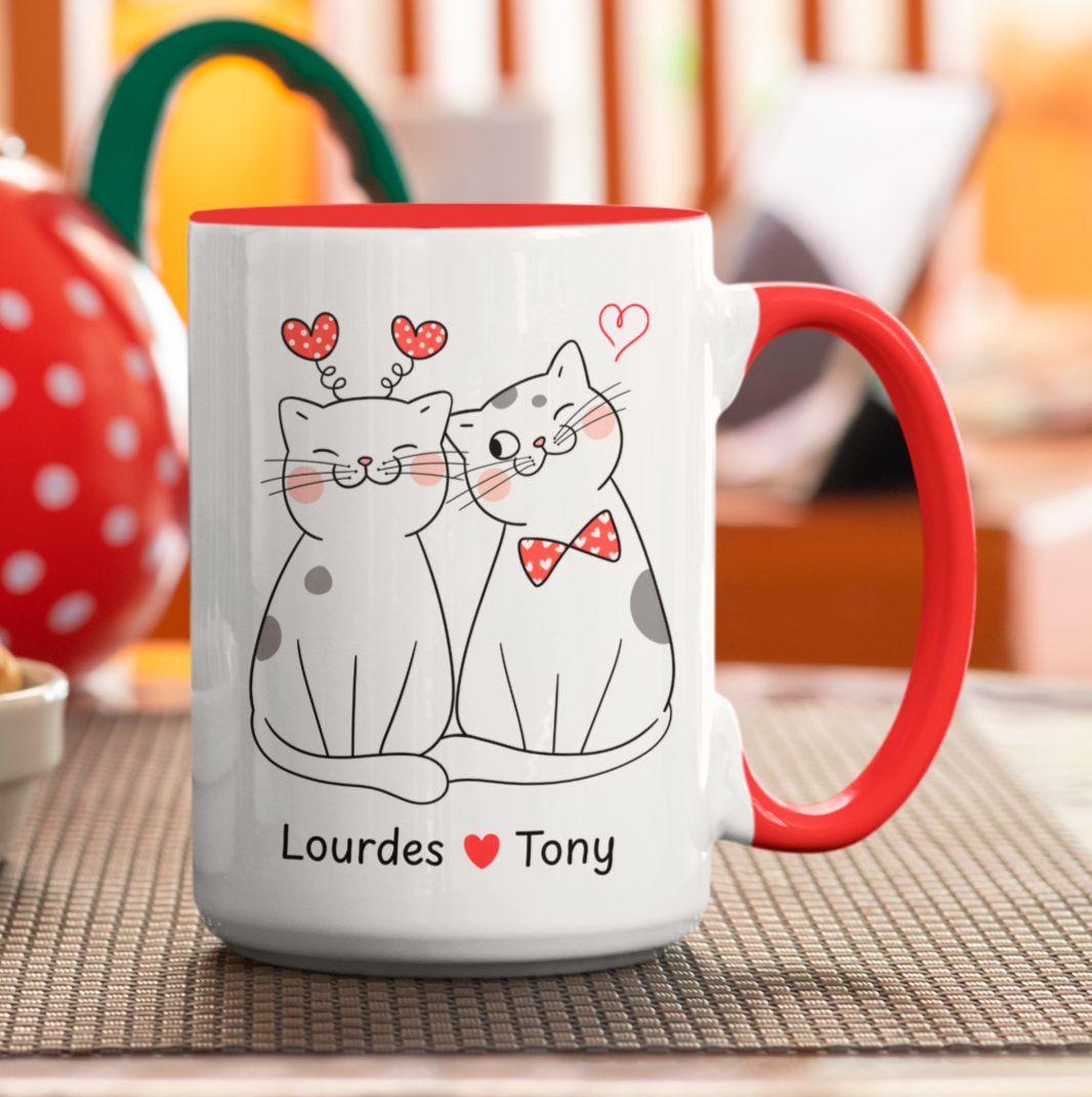 Taza Blanca y Roja de 15 oz de Gatos Pareja con Nombres Personalizados - Tazas San Valentín - Tazas para Parejas