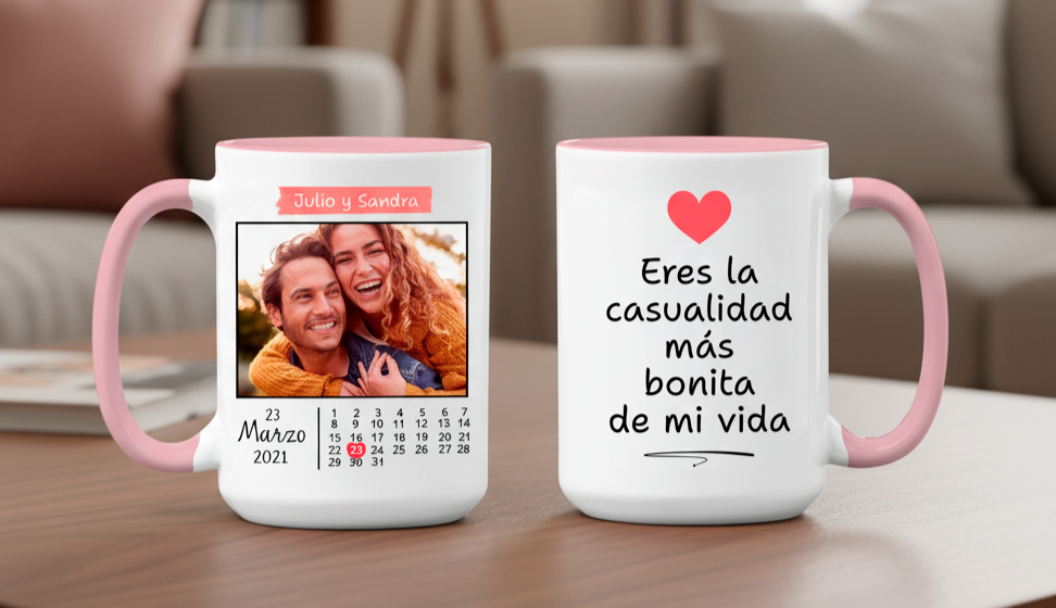 Taza Blanca y Rosada 15 oz Fecha Especial con Foto Personalizada - Tazas San Valentín 