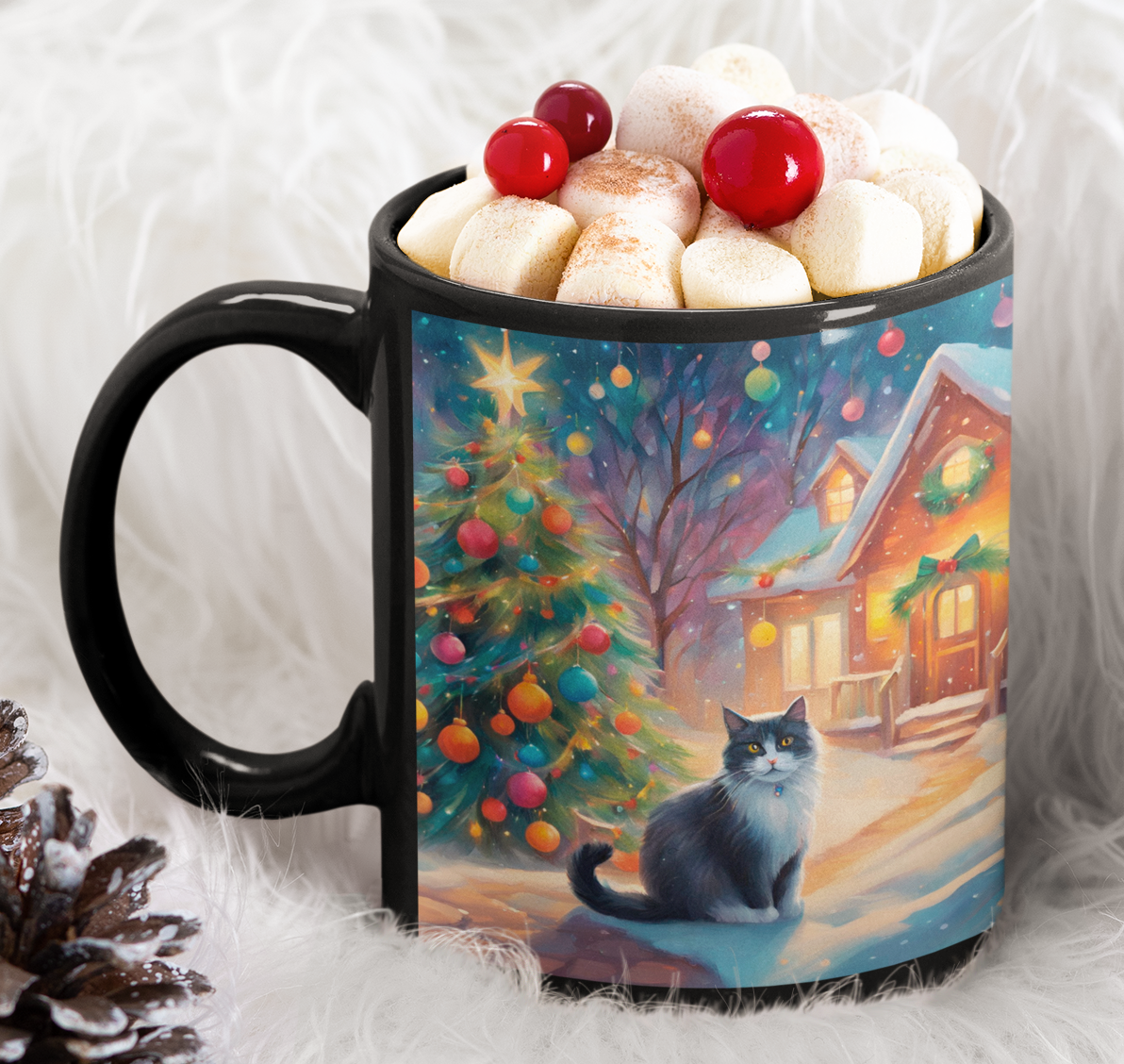 Taza Gato Blanco y Negro Navideño  Taza Navidad Taza Navideña