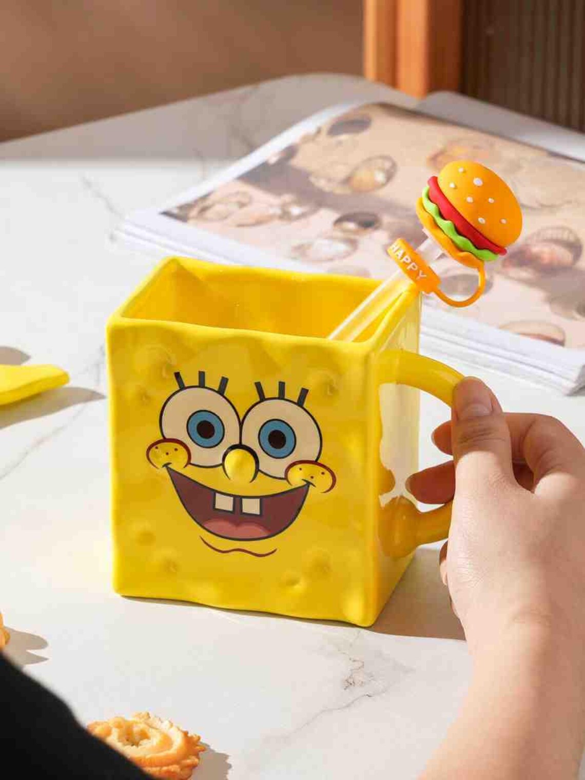Taza Bob Esponja con Tapa y Sorbete | Tazas Bob Esponja