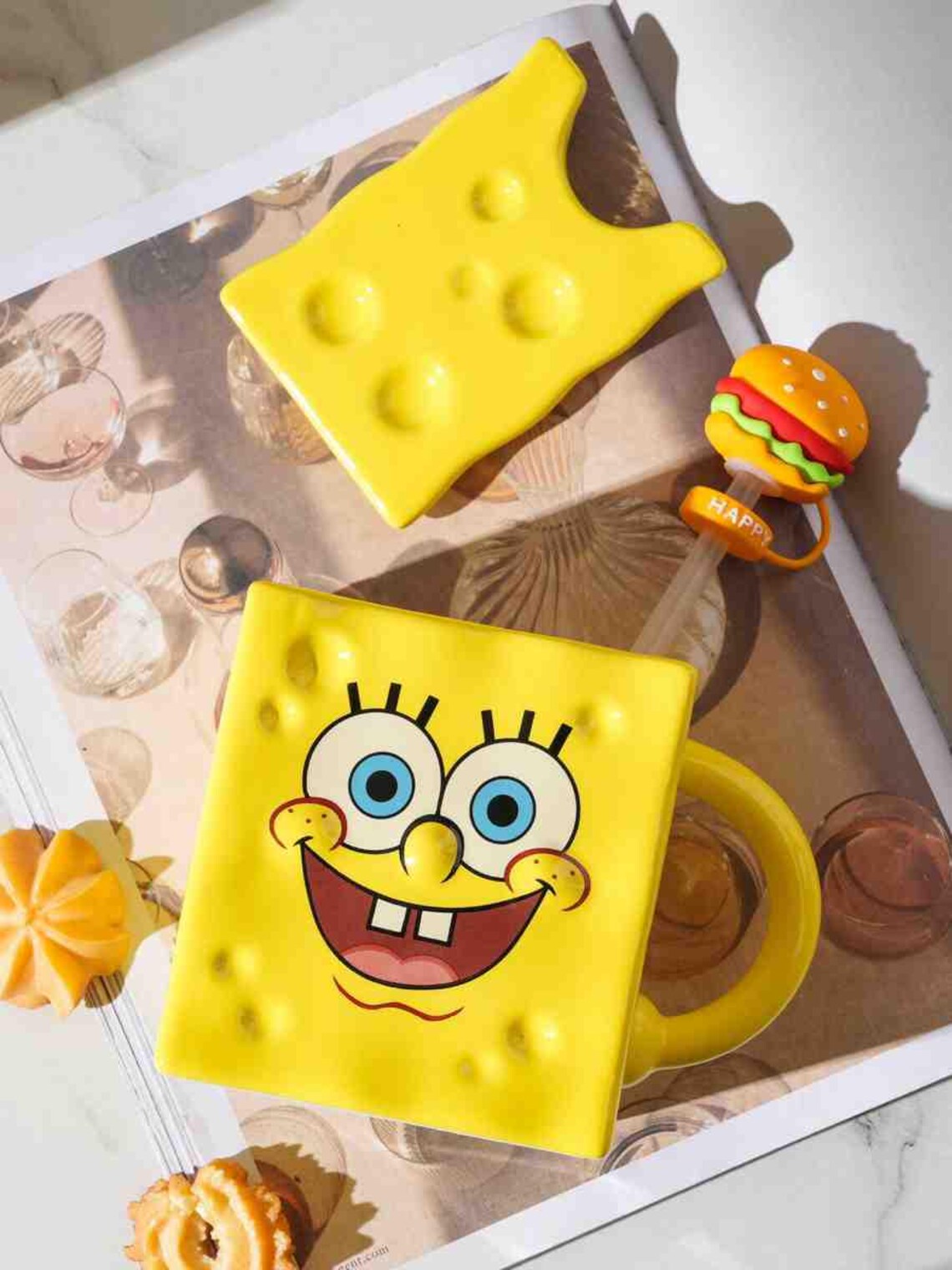 Taza Bob Esponja con Tapa y Sorbete | Tazas Bob Esponja