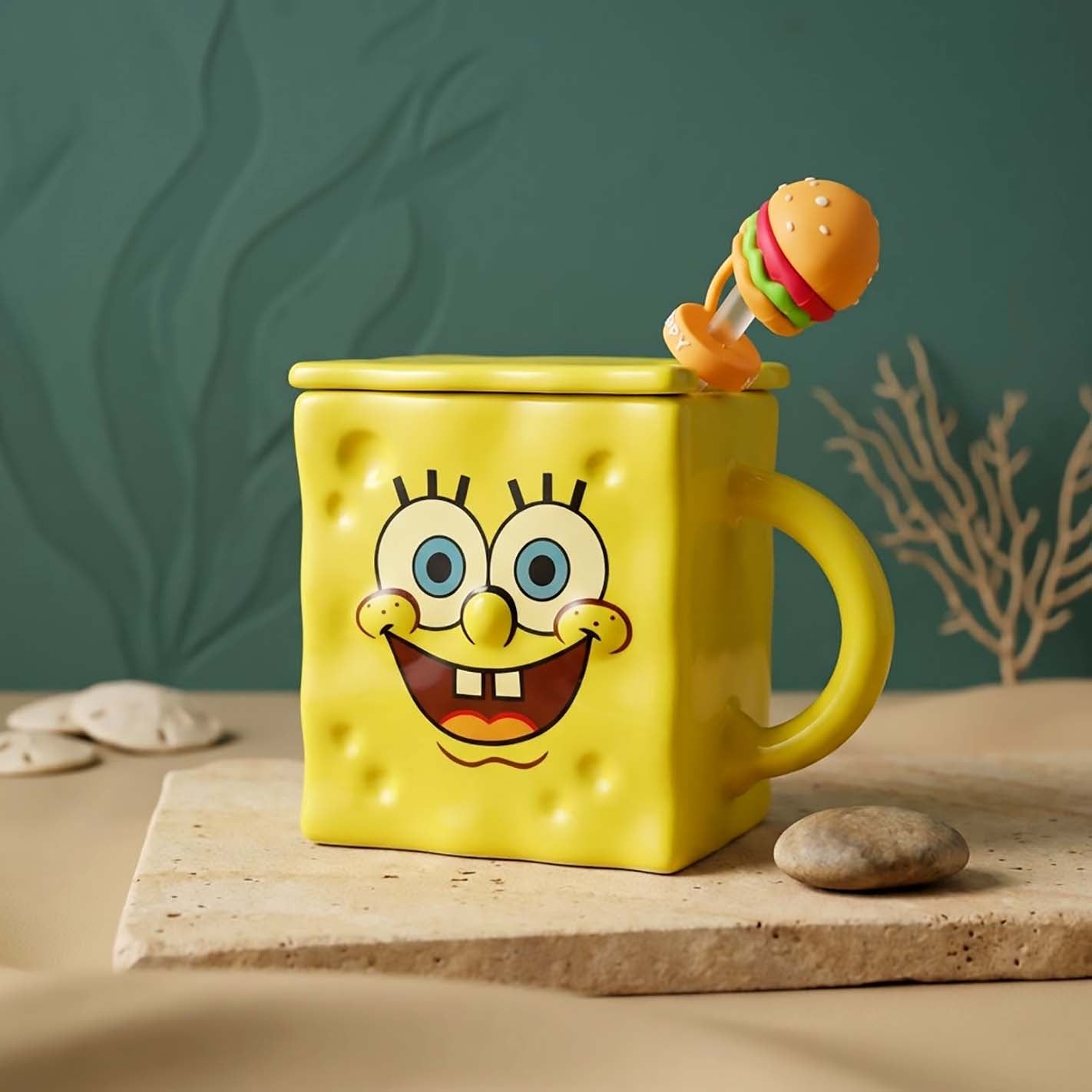 Taza Bob Esponja con Tapa y Sorbete | Tazas Bob Esponja