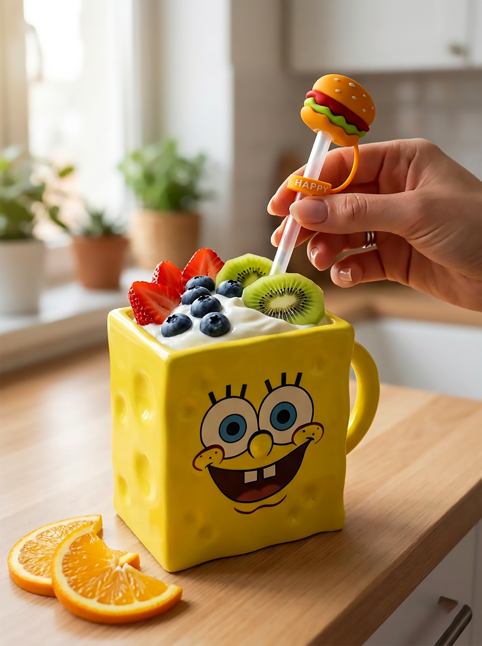 Taza Bob Esponja con Tapa y Sorbete | Tazas Bob Esponja