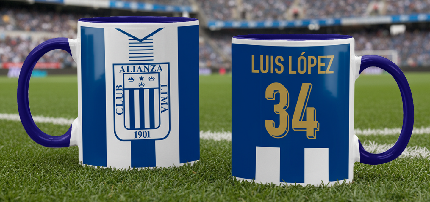 Taza Camiseta Alianza Lima con tu Nombre Blanca y Azul de 11 oz  - Tazas Fútbol -  Tazas para Ellos - Tazas Alianza Lima