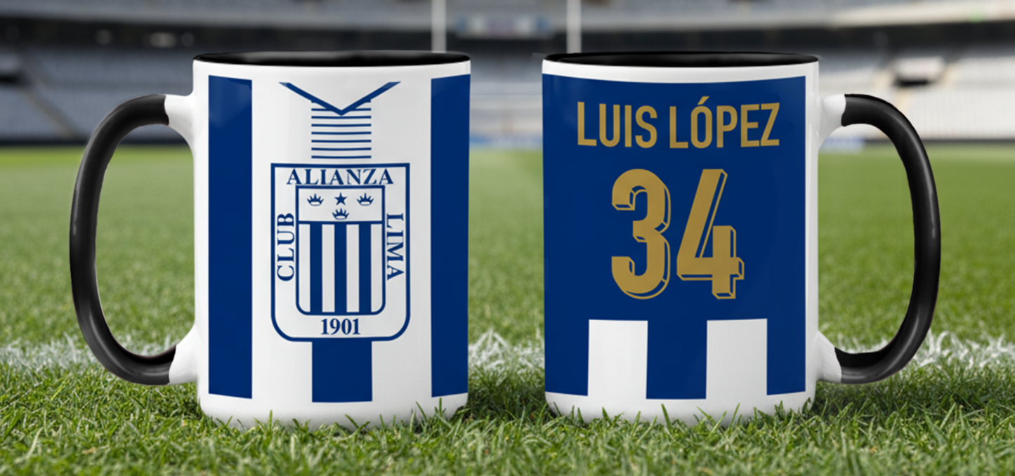 Taza Camiseta Alianza Lima con tu Nombre Blanca y Negra de 15 oz  - Tazas Fútbol -  Tazas para Ellos - Tazas Alianza Lima
