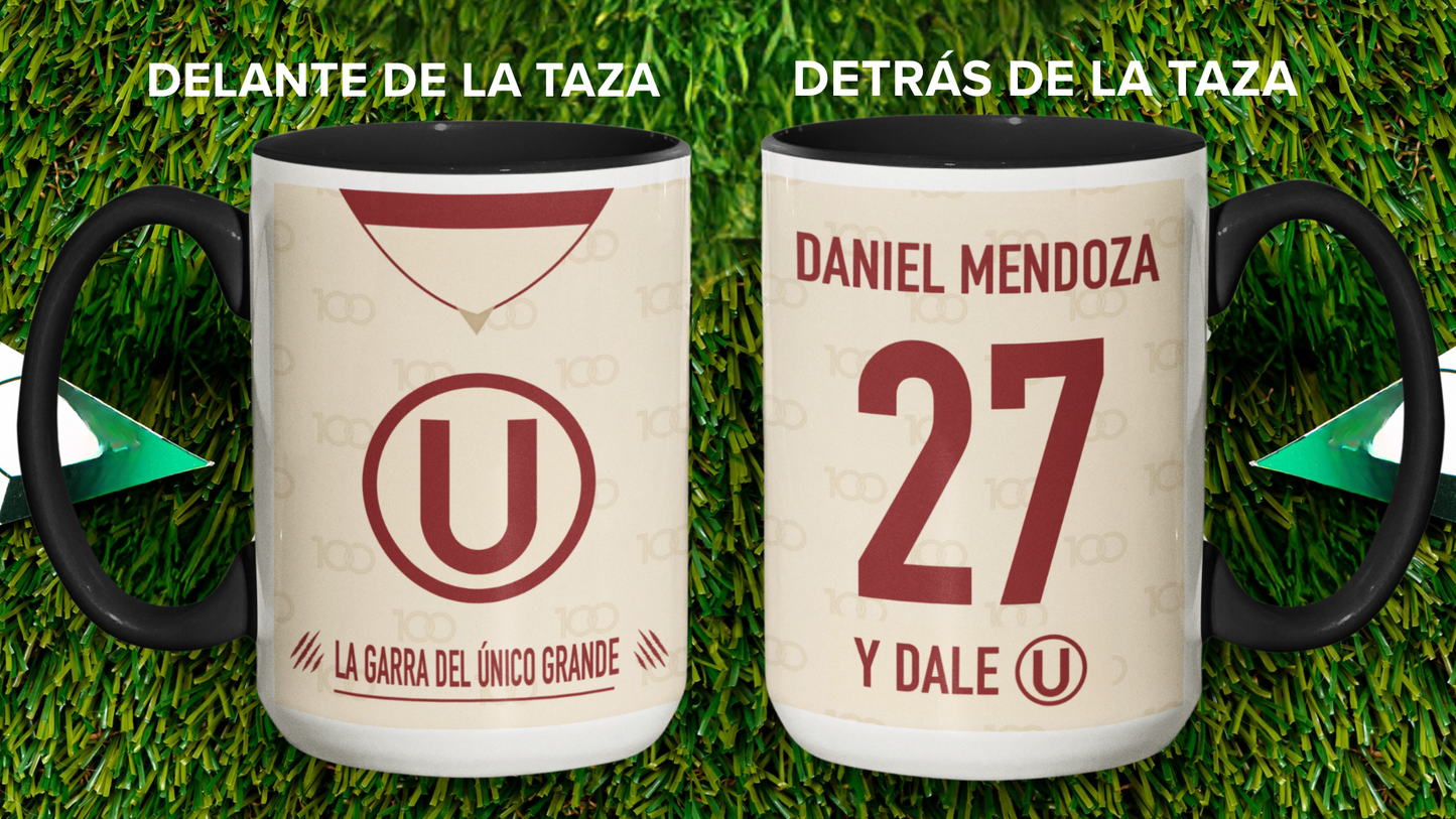 Taza Camiseta de la U con tu nombre - Taza Blanca y Negra 15 oz - Taza de Fútbol - Tazas Día del Padre - Tazas para Papá