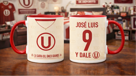 Taza Camiseta de la U con tu nombre - Taza Blanca y Roja   11 oz - Taza de Fútbol - Tazas Día del Padre - Tazas para Papá