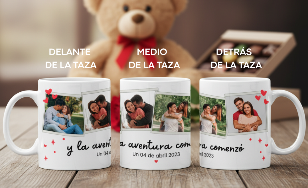 Taza Collage Romántico Personalizada con Fecha Especial - Tazas San Valentín - Taza Blanca de 11 oz 