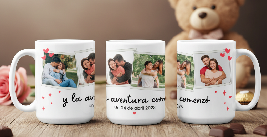 Taza Collage Romántico Personalizada con Fecha Especial - Tazas San Valentín - Taza Blanca de 15 oz 