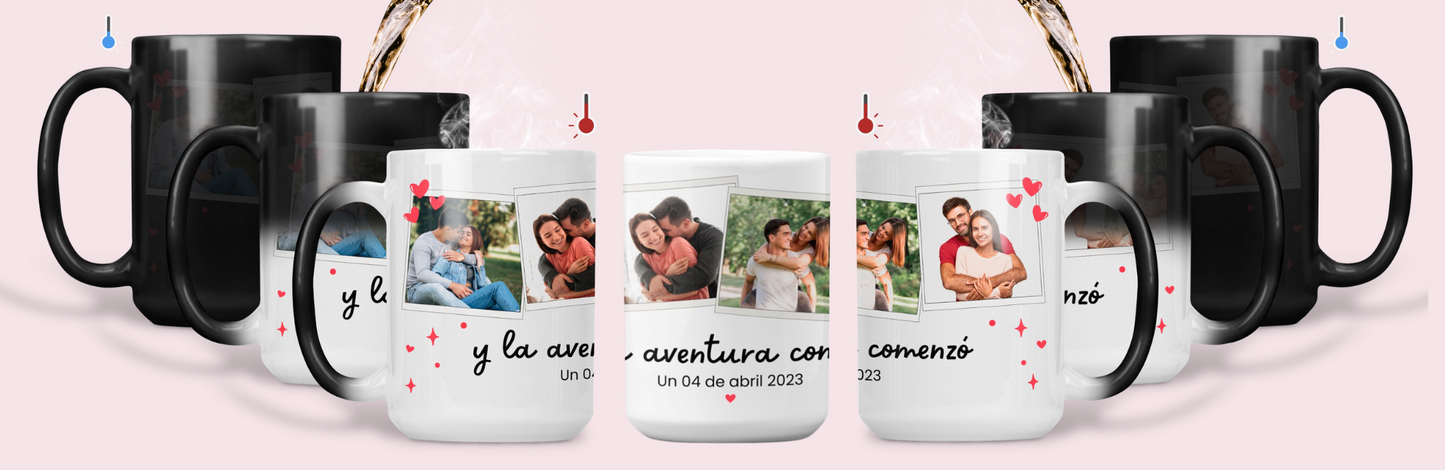 Taza Collage Romántico Personalizada con Fecha Especial - Tazas San Valentín - Taza Blanca y Mágica de 15 oz 