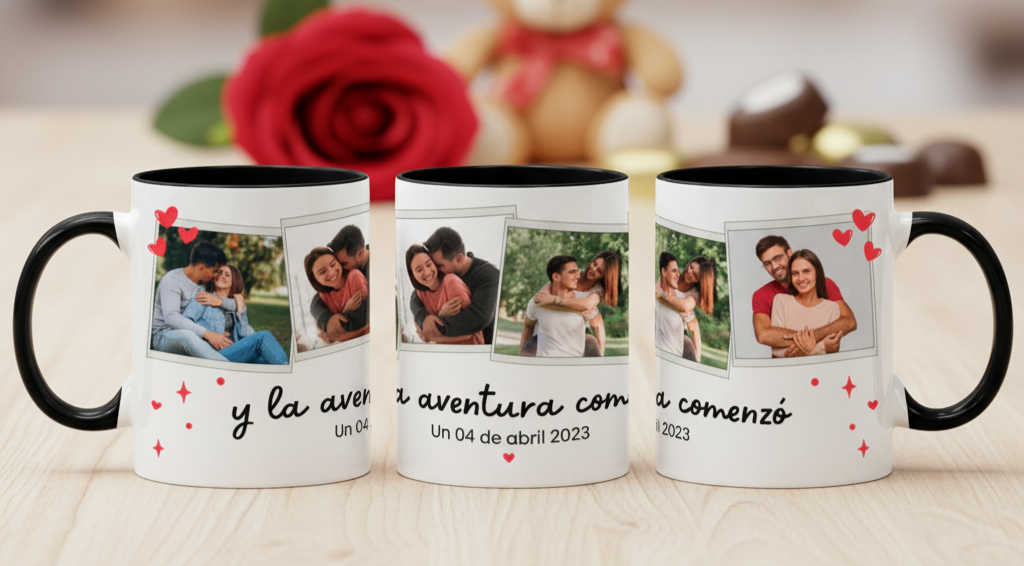 Taza Collage Romántico Personalizada con Fecha Especial - Tazas San Valentín - Taza Blanca y Negra de 11 oz 
