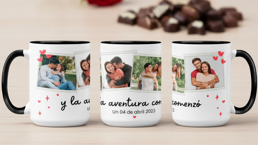 Taza Collage Romántico Personalizada con Fecha Especial - Tazas San Valentín - Taza Blanca y Negra de 15 oz 