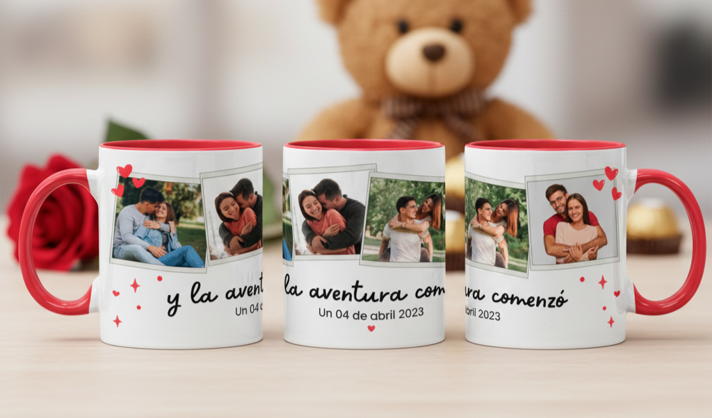 Taza Collage Romántico Personalizada con Fecha Especial - Tazas San Valentín - Taza Blanca y Roja de 11 oz 