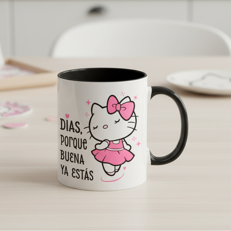 Taza Días, porque BUENA ya estás 🎀  | Tazas Hello Kitty | Taza Blanca y Negra de 11 oz