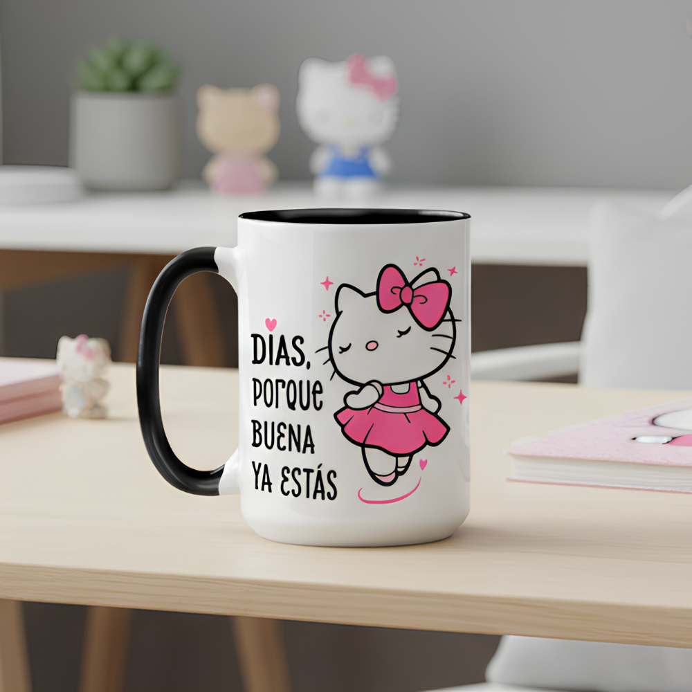 Taza Días, porque BUENA ya estás 🎀  | Tazas Hello Kitty | Taza Blanca y Negra de 15 oz