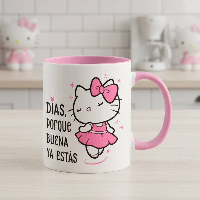 Taza Días, porque BUENA ya estás 🎀  | Tazas Hello Kitty | Taza Blanca y Rosada de 11 oz
