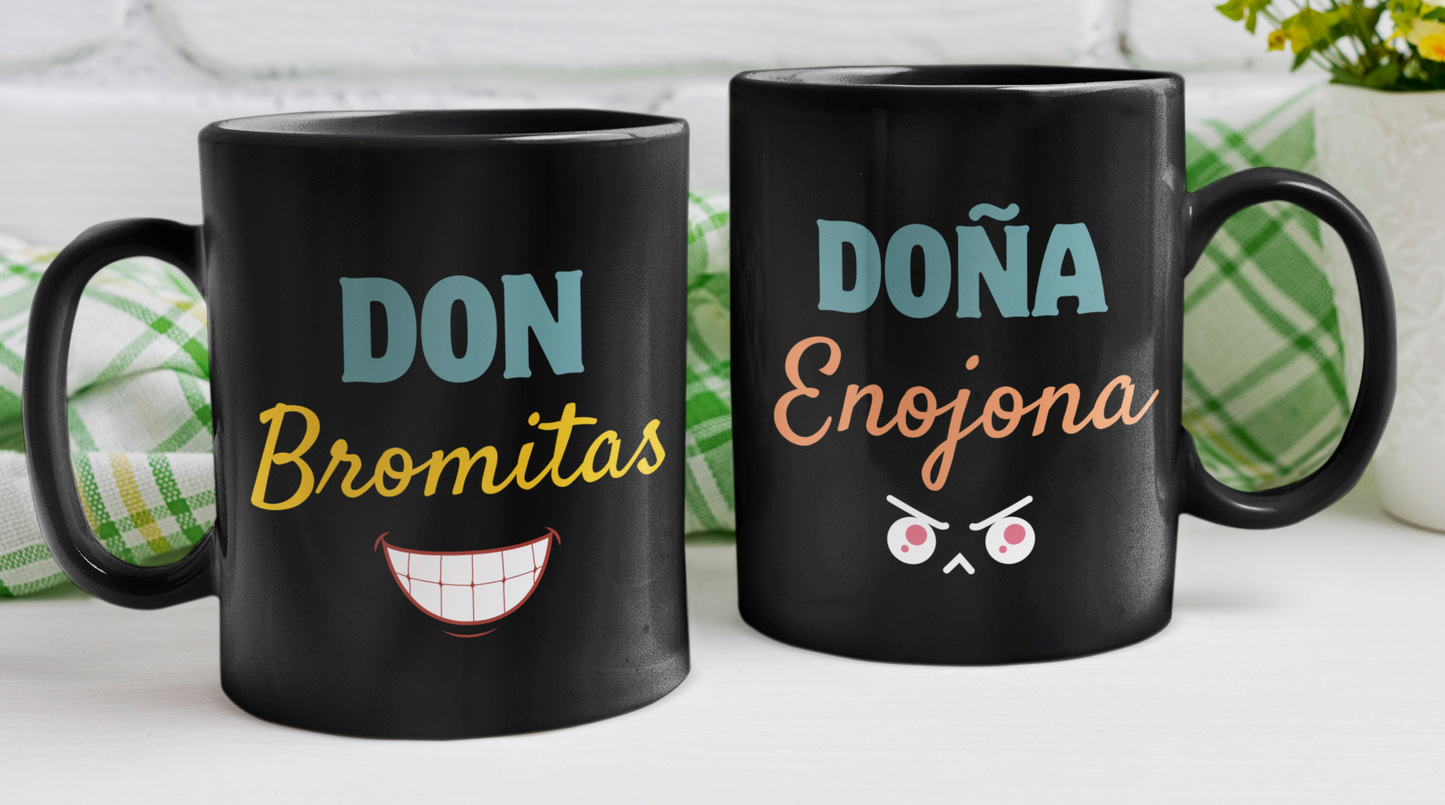 Taza Don Bromitas y Doña Enojona - Tazas San Valentín - Tazas Negras de 11 oz