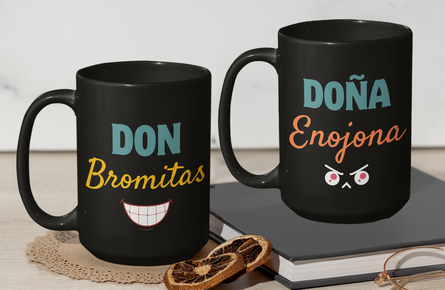 Taza Don Bromitas y Doña Enojona - Tazas San Valentín - Tazas Negras de 15 oz