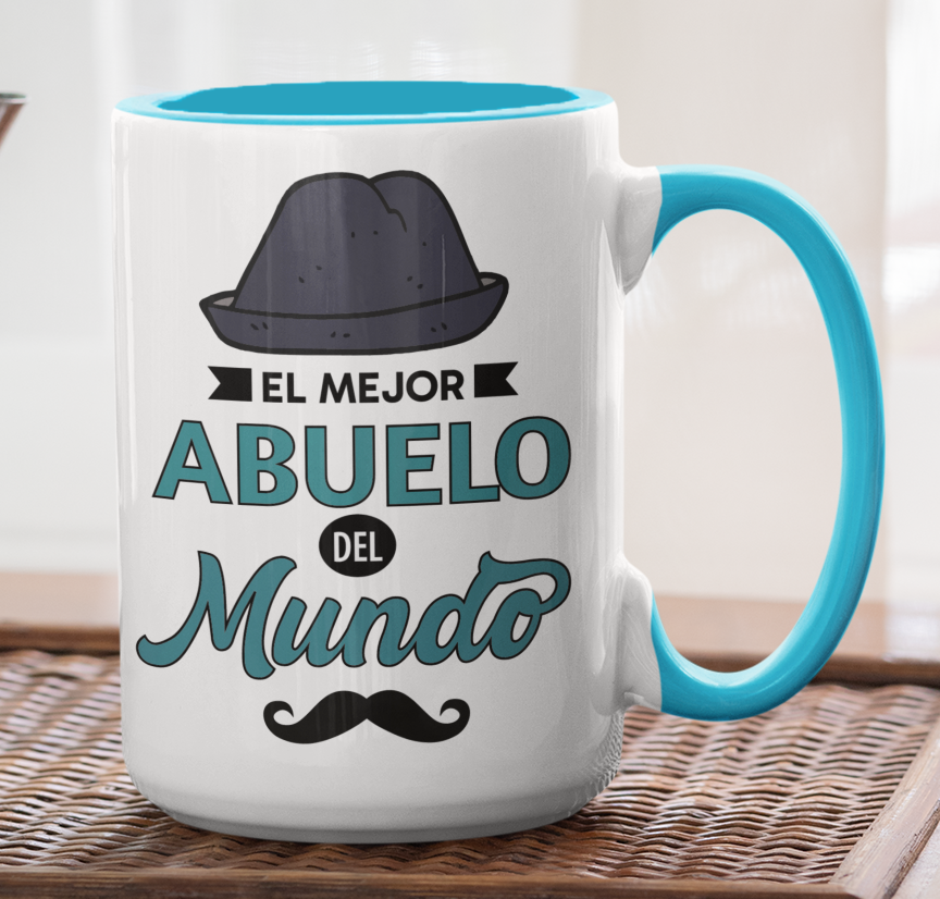 Taza El Mejor Abuelo del Mundo - Taza Blanca y Celeste 15 oz -Tazas Día del Padre - Tazas para Papá