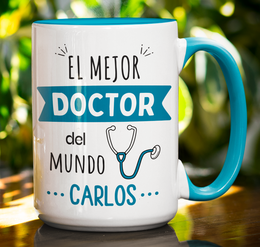 Taza El Mejor Doctor del Mundo Personalizado con Nombre - Taza Blanca y Celeste 15 oz - Tazas para Doctores - Tazas Día de la Medicina