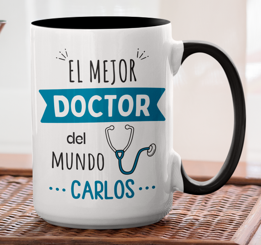 Taza El Mejor Doctor del Mundo Personalizado con Nombre - Taza Blanca  y Negra 15 oz - Tazas para Doctores - Tazas Día de la Medicina