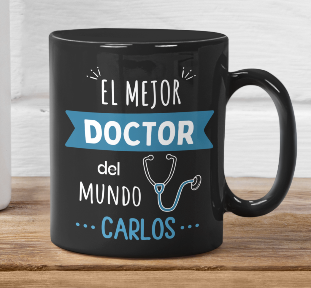 Taza El Mejor Doctor del Mundo Personalizado con Nombre - Taza Negra 11 oz - Tazas para Doctores - Tazas Día de la Medicina