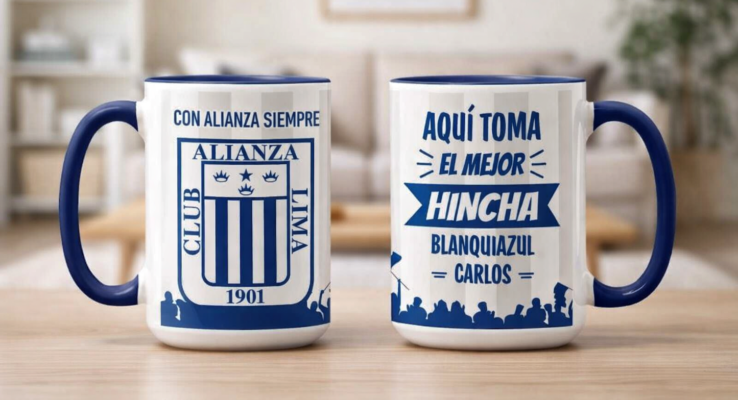 Taza El Mejor Hincha Blanquiazul Personalizado con tu Nombre | Taza Alianza Lima | Blanca y azul de 15 oz
