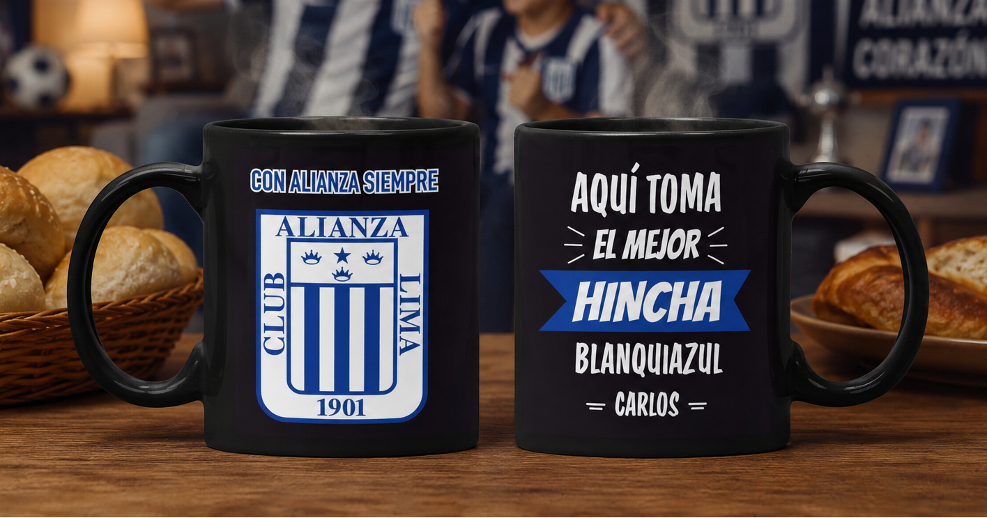 Taza El Mejor Hincha Blanquiazul Personalizado con tu Nombre | Taza Alianza Lima | Negra de 11 oz
