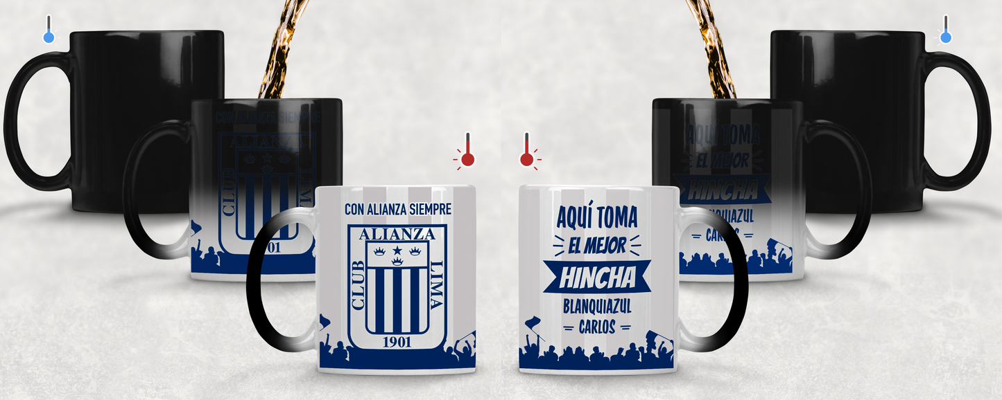 Taza El Mejor Hincha Blanquiazul Personalizado con tu Nombre | Taza Alianza Lima | Taza mágica Negra de 11 oz