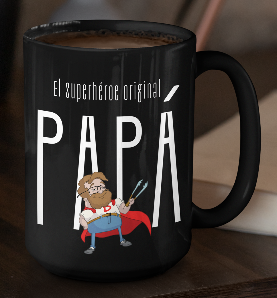 Taza El Superhéroe Original Papá - Taza Negra 15 oz - Tazas Día del Padre - Tazas para Papá