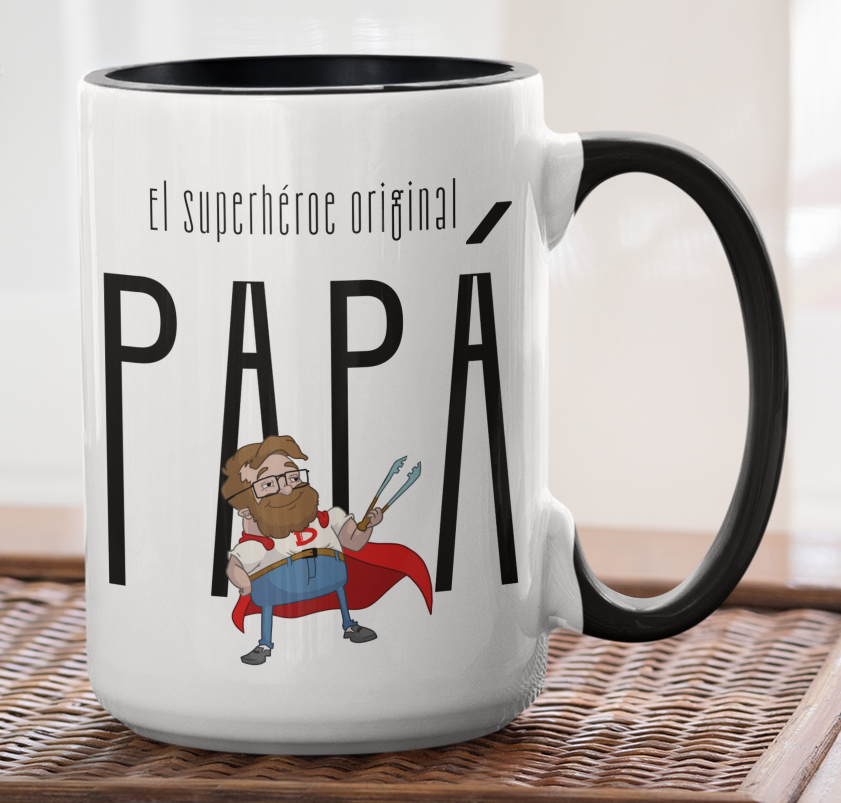 Taza El Superhéroe Original Papá - Taza Blanca y Negro 15 oz - Tazas Día del Padre - Tazas para Papá