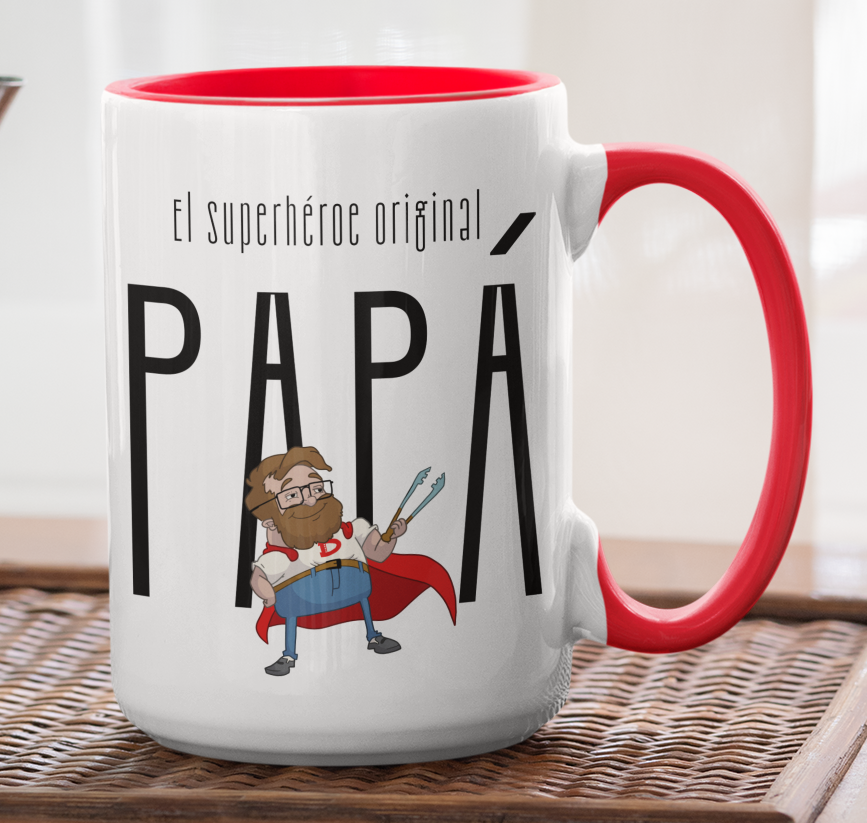 Taza El Superhéroe Original Papá - Taza Blanca y Roja 15 oz - Tazas Día del Padre - Tazas para Papá