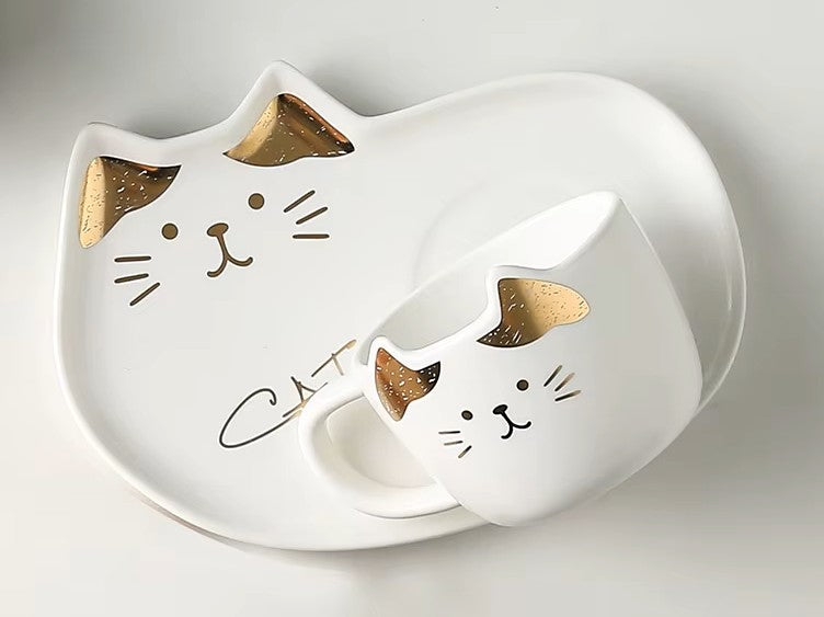 Taza Elegante de Gatito Blanco y Dorado con Plato - Taza de Gatos