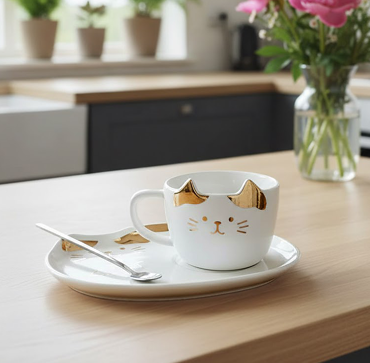 Taza Elegante de Gatito Blanco y Dorado con Plato - Taza de Gatos
