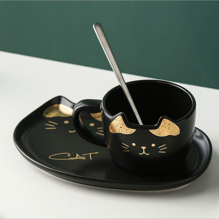 Taza Elegante de Gatito Negro y Dorado con Plato - Taza de Gatos