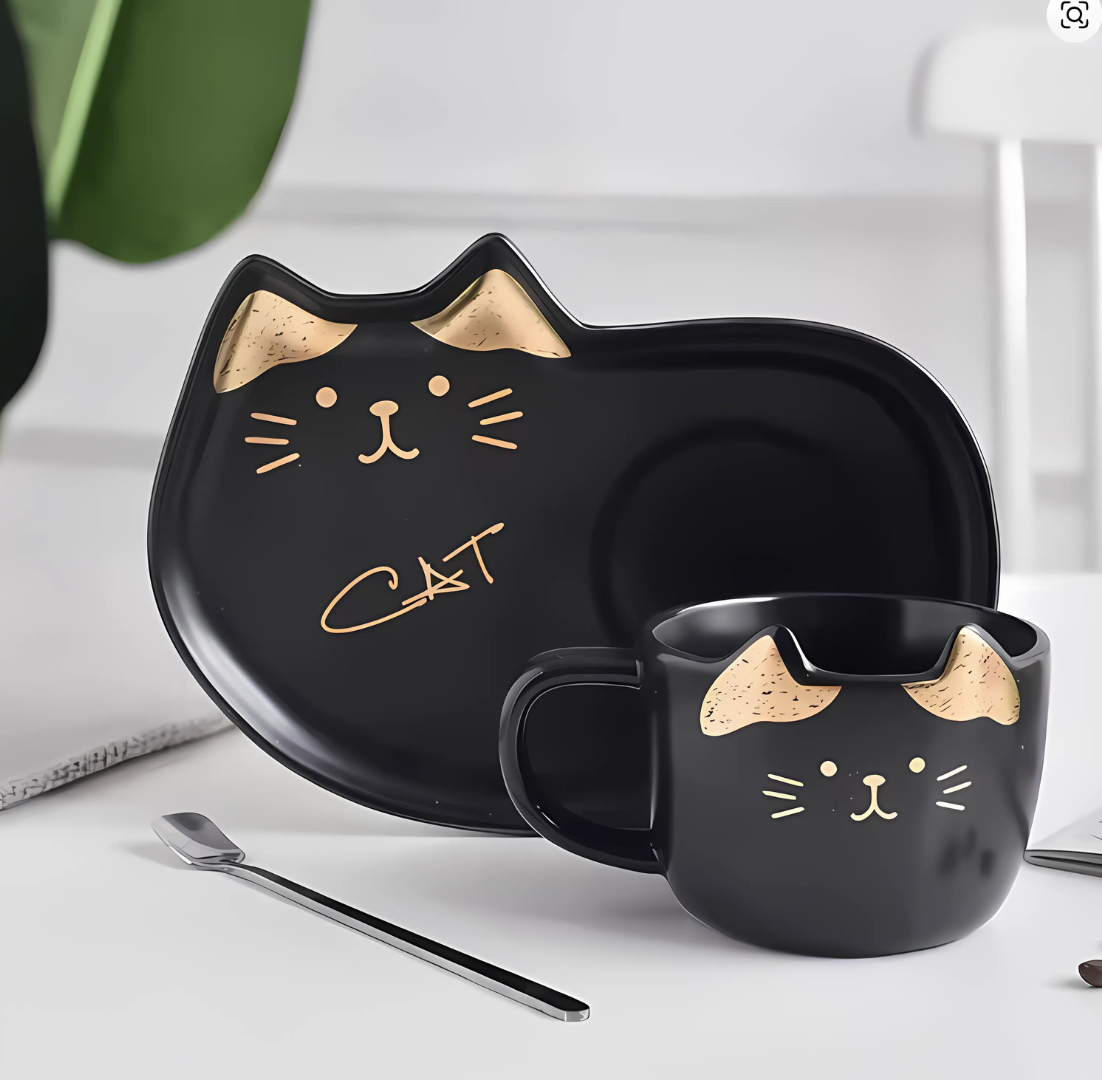 Taza Elegante de Gatito Negro y Dorado con Plato - Taza de Gatos