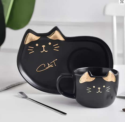 Taza Elegante de Gatito Negro y Dorado con Plato - Taza de Gatos