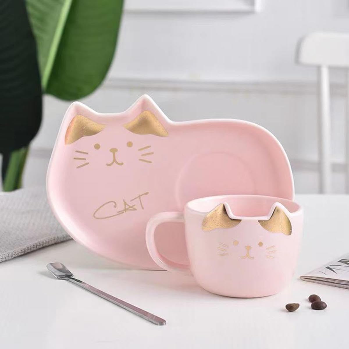 Taza Elegante de Gatito Rosado y Dorado con Plato - Taza de Gatos
