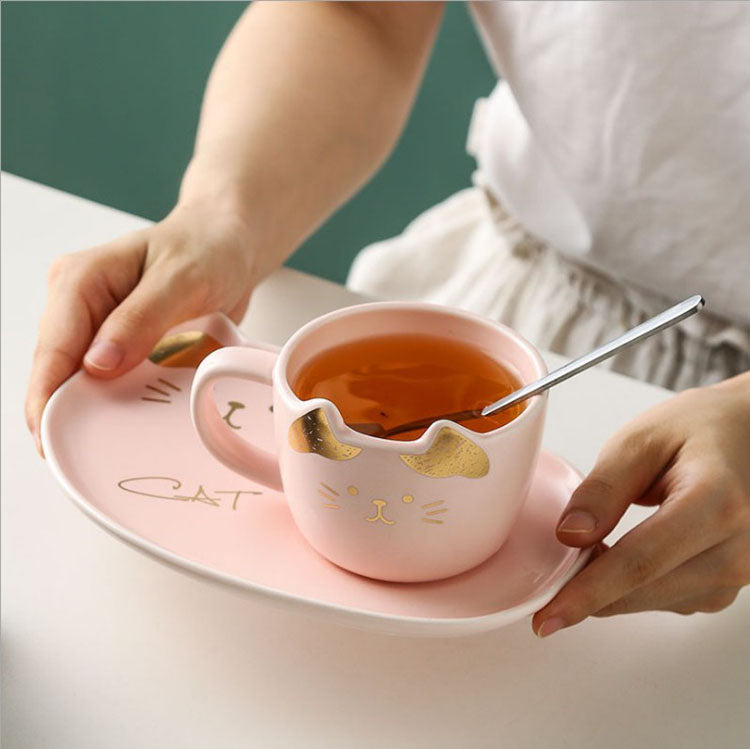 Taza Elegante de Gatito Rosado y Dorado con Plato - Taza de Gatos