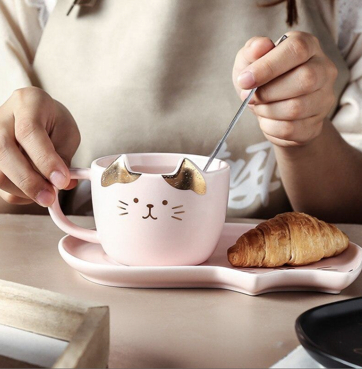 Taza Elegante de Gatito Rosado con Dorado  con Plato - Taza de Gatos