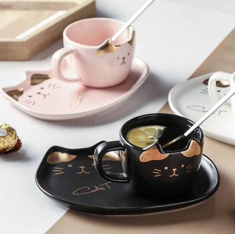 Taza Elegante de Gatito  con Plato - Taza de Gatos