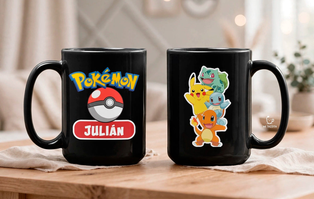 Taza Equipo Pokémon Personalizada con Nombre - Taza Negra de 15 oz.